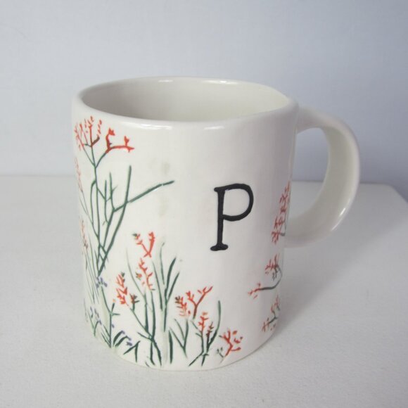 Anthropologie Dagny Monogram Mug Letter P Floral Cottage Pottery Ceramic - Picture 1 of 8